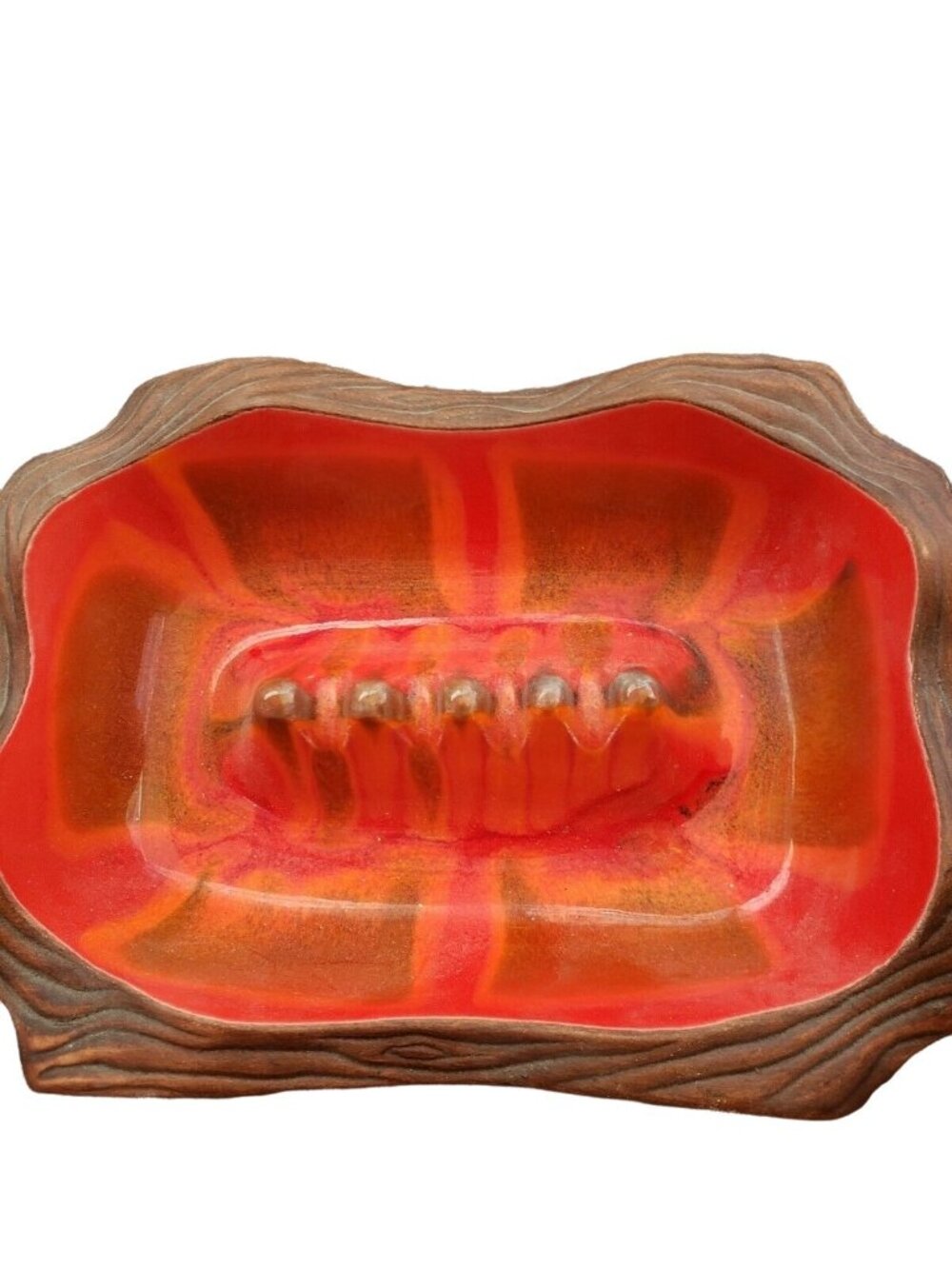 USA Pottery #1205 Rectangular Ashtray Sequoia Ware MCM Orange Wood-Like Ceramics